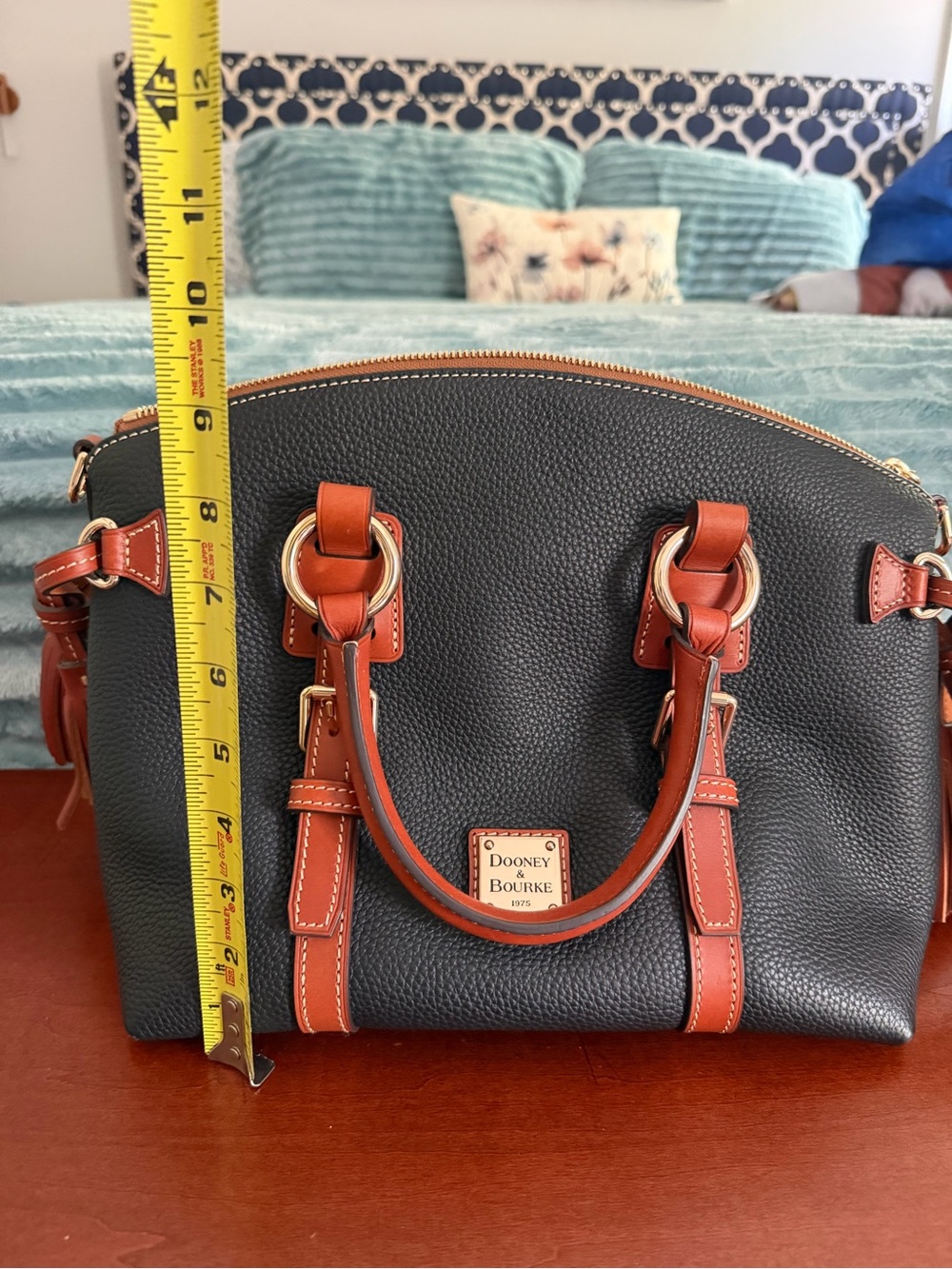 Dooney & Bourke Black Pebbled Leather Satchel with Brown Trim and Tassel - Picture 6 of 8